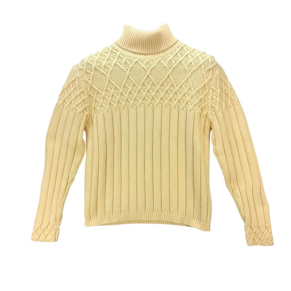 Vintage Wainscott Women Yellow Cotton Cable Knit Turtleneck Sweater Medium
